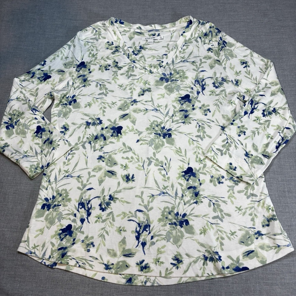 Chico's Size 1 White Blue Green Floral Pima Cotton V-Neck 3/4 Sleeve Top Medium